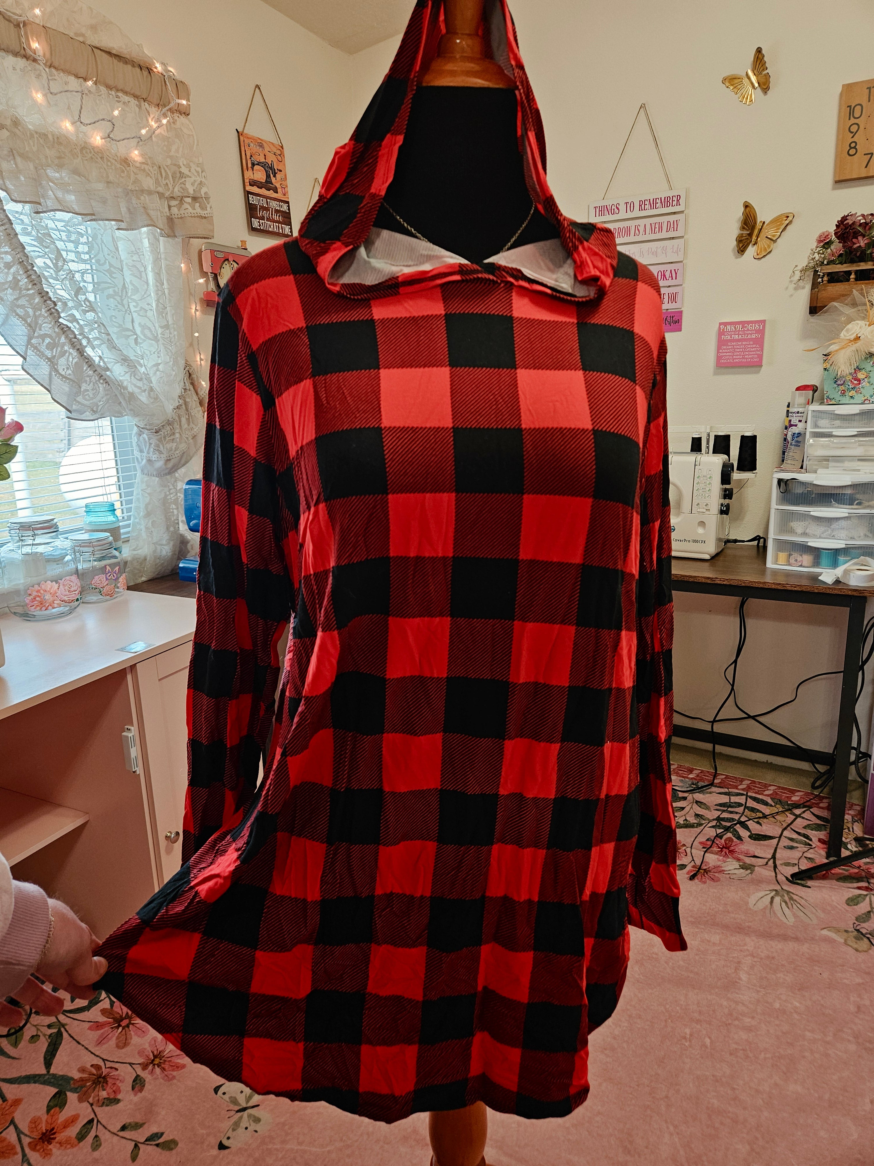 Women's XL Red Buffalo Plaid Tunic Hoodie BL