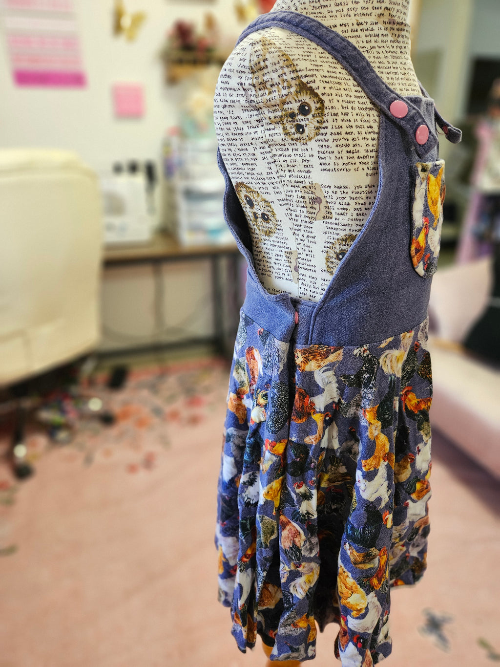 GIRL'S BFT Faux Denim Chickens Overalls Skirt Adjustable Waist 2/4T w/ Pocket