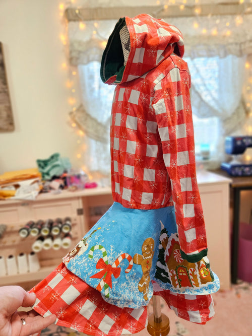 GIRL'S Christmas Hooded Gingham Gingerbread Border Print Dress CL 4T