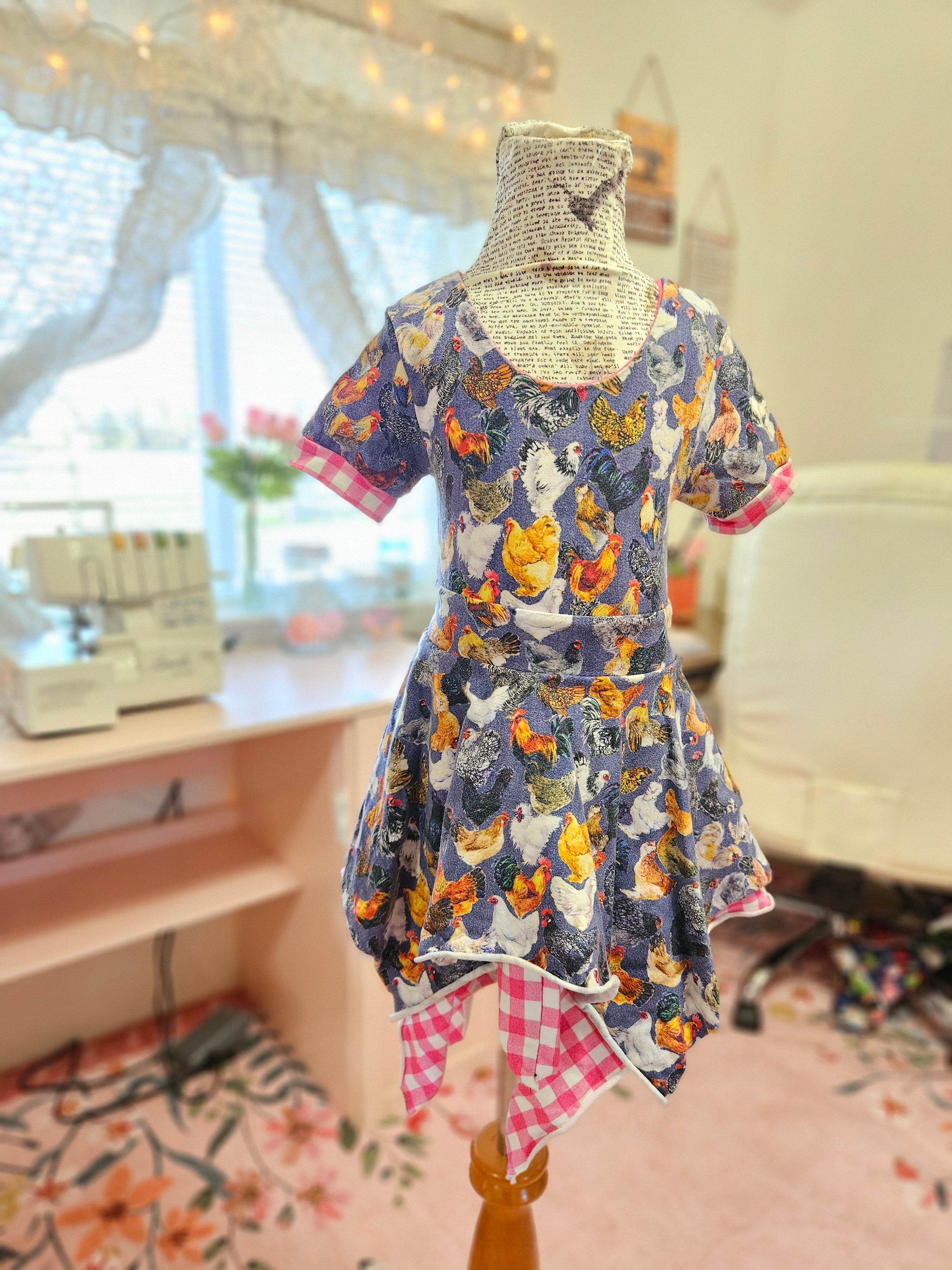 GIRL'S Faux Denim Chickens w/ Pink Gingham Layered Skirt CL Dress 4T+