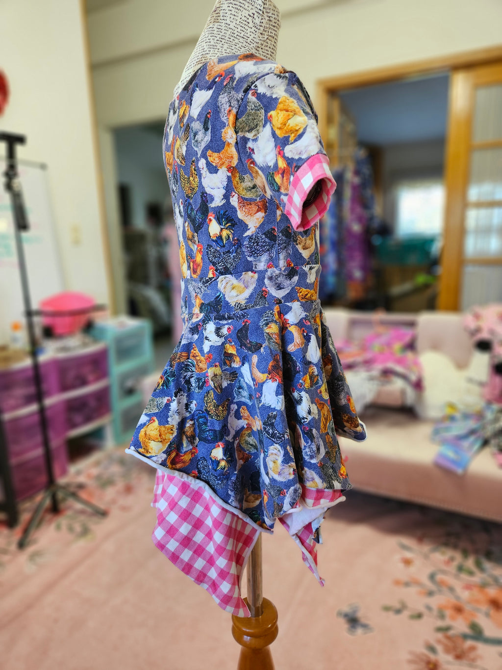 GIRL'S Faux Denim Chickens w/ Pink Gingham Layered Skirt CL Dress 4T+