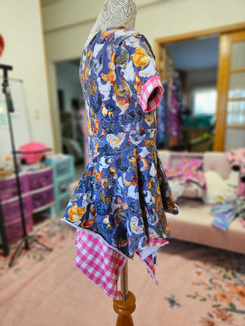 GIRL'S Faux Denim Chickens w/ Pink Gingham Layered Skirt CL Dress 4T+